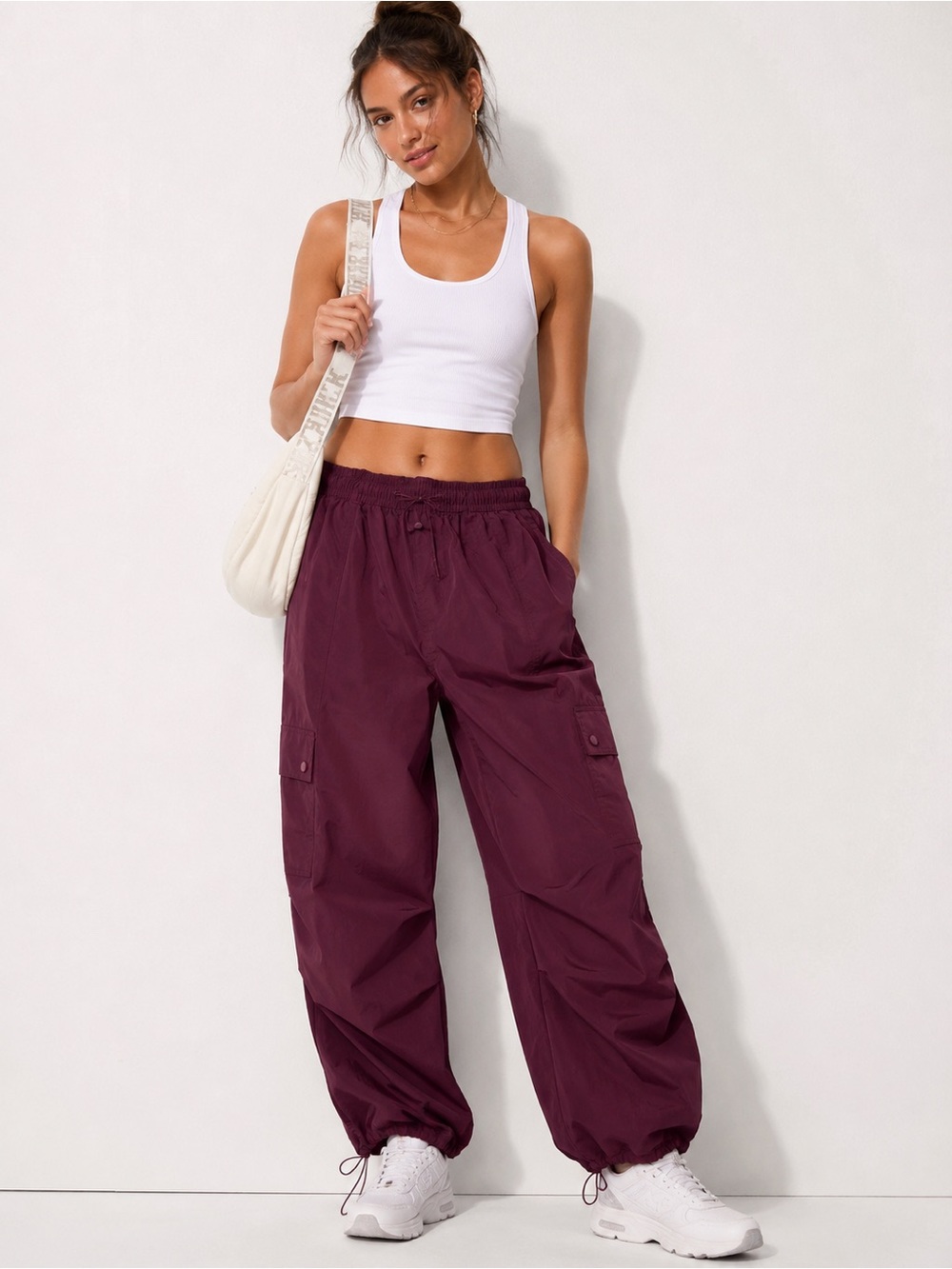 PINK Victoria’s Secret Satin Parachute Cargo Pants Burgundy Small Petite S/P NWT